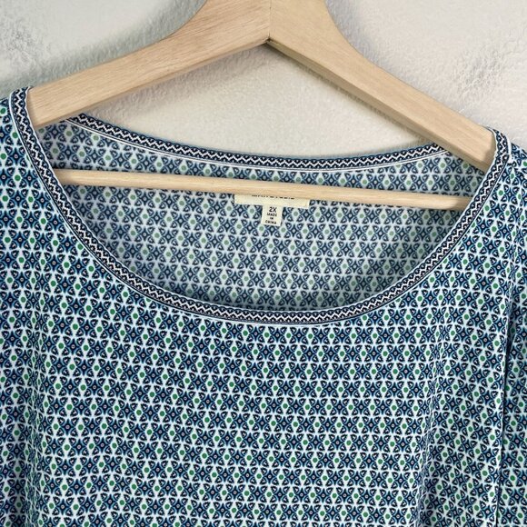 Max Studio Womens Plus 2X Blue Green Printed Blouse Tie Sleeve Stretch Tunic Top - Picture 9 of 11